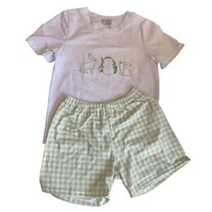 Abby & Evie Embroidered Stitching Bunny Top Light Green Gingham Shorts NWT Sz 5